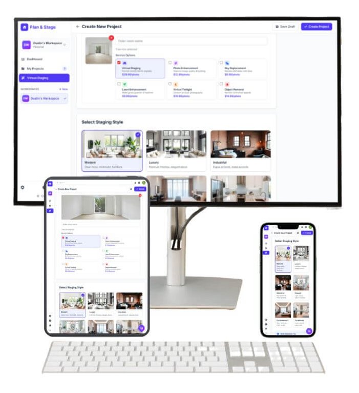 Plan & Stage shown across desktop, tablet, and mobile layouts